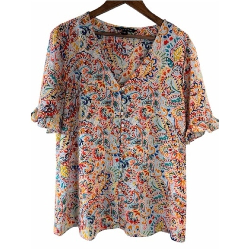 Zac and Rachel Paisley Blouse Women Medium Multi V-Neck Flutter Sleeve Button Up